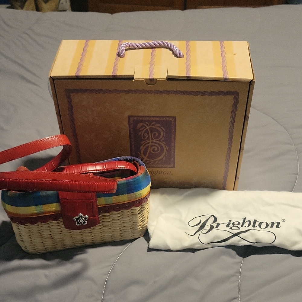 Brighton Colorful Woven Basket Handbag with Red Straps